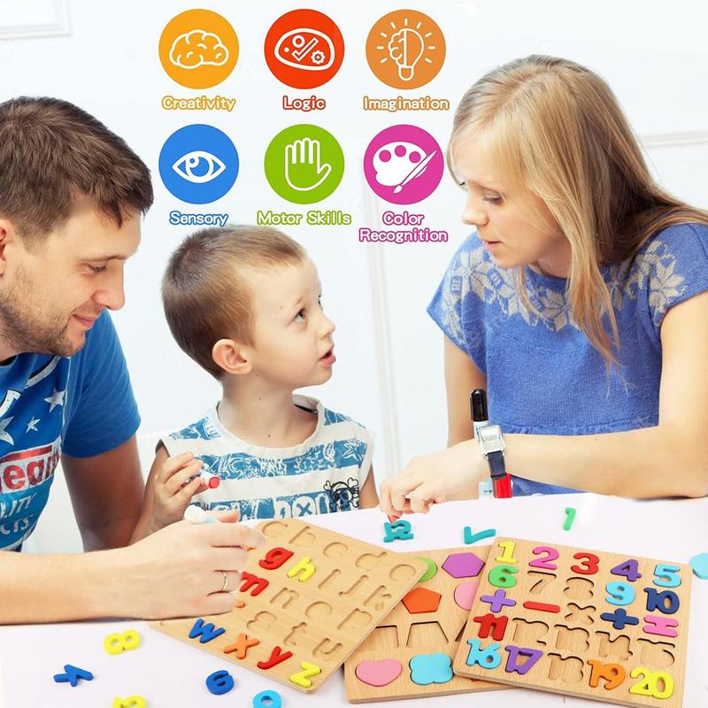 Wooden Puzzles for Toddlers Ages 1-3,3 Pack Wooden Alphabet Number Shape Puzzles Toddler Learning Puzzle Toys for Kids Boys & Girls,Early Education Letter Puzzle for Toddlers 2-4 Years Old