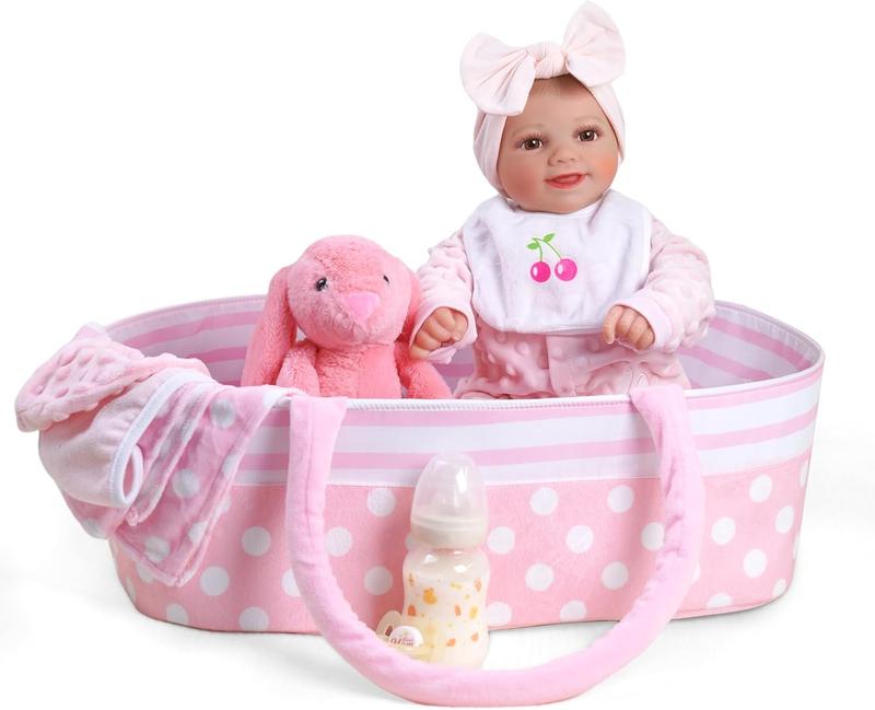 BABESIDE Lifelike Reborn Baby Dolls Girl with Bassinet, 17-Inch Sweet Smile Realistic-Newborn Baby Soft Body Poseable Real Life Baby Dolls with Toy Accessories Gift Set for Kids Age 3+ & Collection