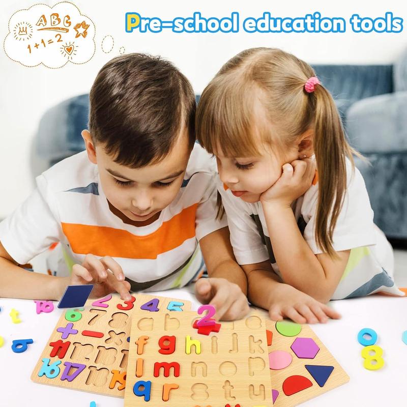 Wooden Puzzles for Toddlers Ages 1-3,3 Pack Wooden Alphabet Number Shape Puzzles Toddler Learning Puzzle Toys for Kids Boys & Girls,Early Education Letter Puzzle for Toddlers 2-4 Years Old