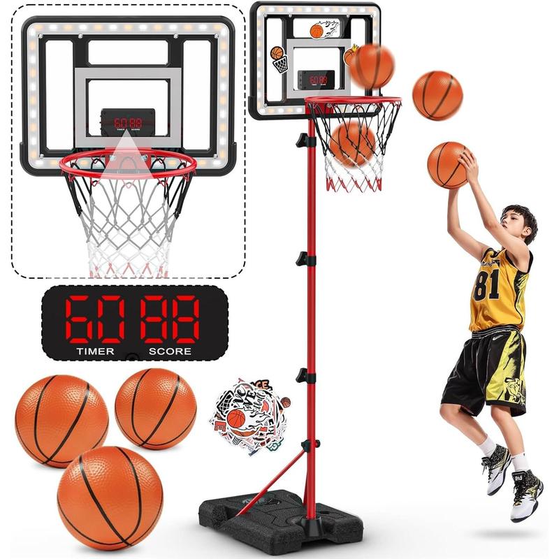 Basketball Hoop for Kids with Stand, Adjustable Height Basketball Hoop with Electronic Scoreboard and LED Light, Indoor Outdoor Backyard Sport Game Gifts Toys for 3 4 5 6 7 8