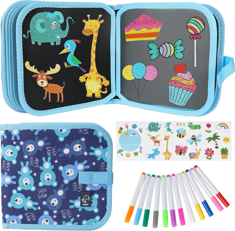 Erasable doodle book doodle set for kids, magic drawing book for kids, reusable drawing book, 12 watercolor pens, 14 pages drawing, car games writing set for boys and girls (bear).
