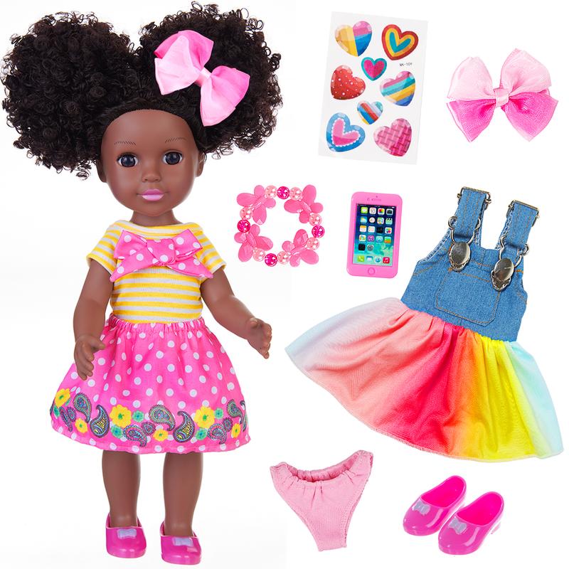 14.5 Inch Silicone Black Doll Set Black African Baby Doll with Yellow Striped T-Shirt, Colorful Dress, and Other Accessories