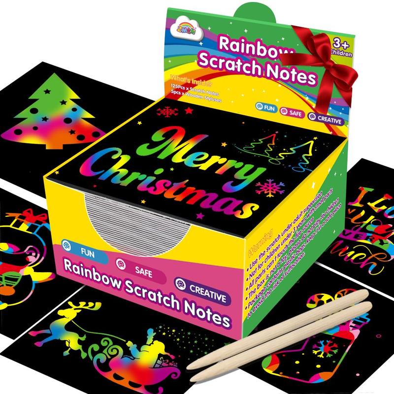 Rainbow Scratch Mini Art Notes - 125 Magic Scratch Paper Note Cards for Arts Crafts DIY Party Favor Supplies for Girls Boys Birthday Halloween Christmas Stocking Stuffer Gift Box