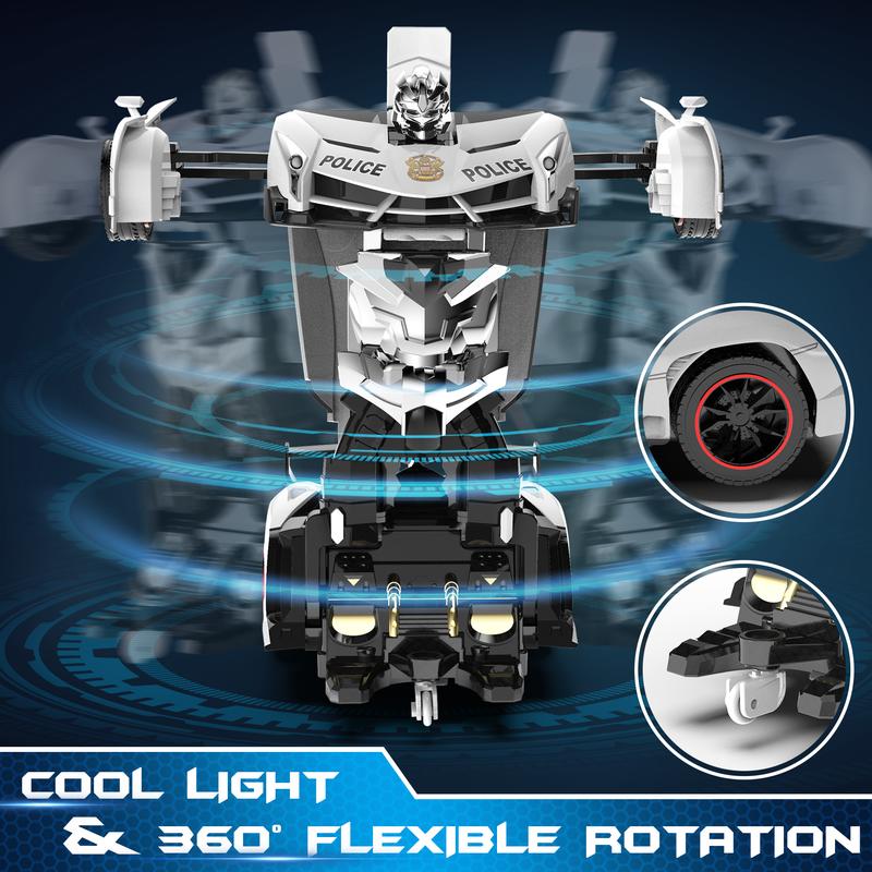 Remote Control Car - Transform , One Button Deformation to Robot with Flashing Light, 2.4Ghz 1:18 Scale Transforming Police Boys Kids Toys Gift with 360 Degree Rotating Drifting