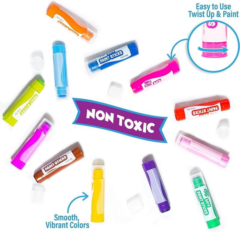 Tub Works Bath Paint Sticks, 12-Pack | Nontoxic & Washable | Twistable Paint for Smooth, Vibrant Drawing on Tub Walls | Ideal for Kids & Toddlers