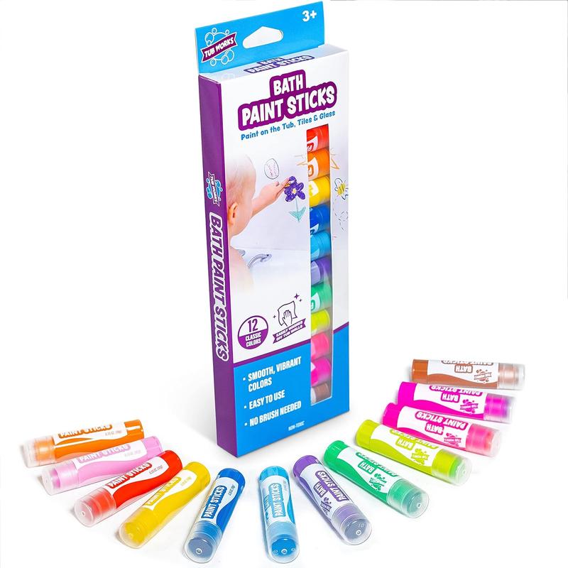 Tub Works Bath Paint Sticks, 12-Pack | Nontoxic & Washable | Twistable Paint for Smooth, Vibrant Drawing on Tub Walls | Ideal for Kids & Toddlers