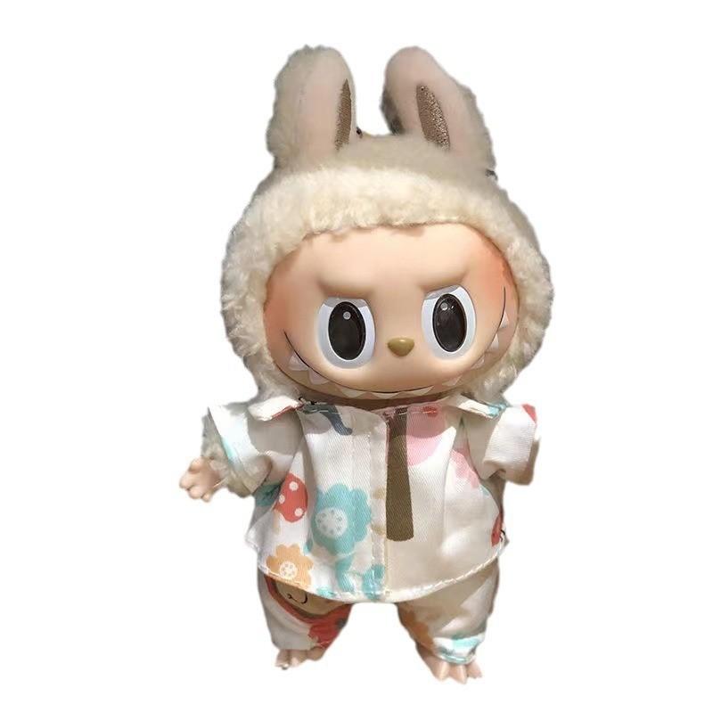 15cm Labubu Casual Checkered Suspender Pants Set with Macaron Charm Figurine - Trendy Outfit for Fashion Lovers!