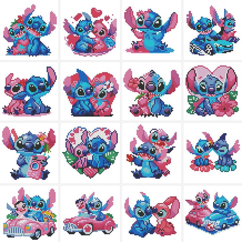 Stitch Pattern Diamond Arts Colorful Painting Kit, 16pcs Cartoon Diamond Art Crafts without Frame, DIY Wall Art Decorations for Home
