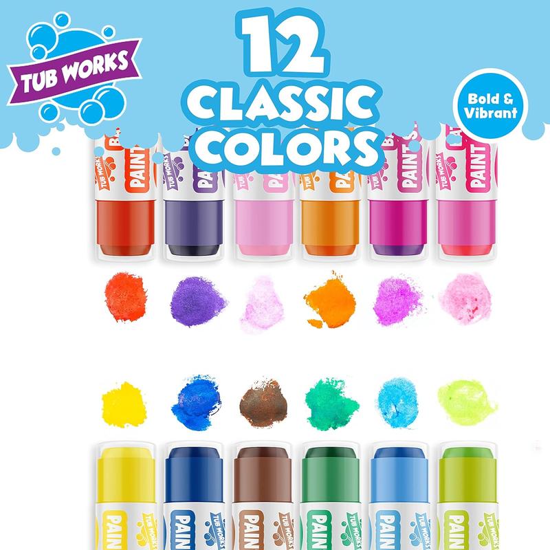 Tub Works Bath Paint Sticks, 12-Pack | Nontoxic & Washable | Twistable Paint for Smooth, Vibrant Drawing on Tub Walls | Ideal for Kids & Toddlers