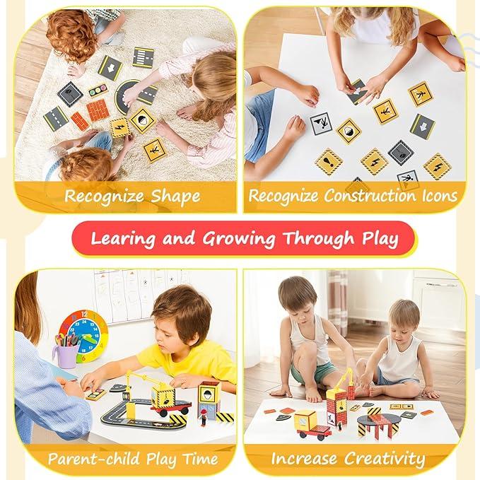 Magnetic Tiles Road Set with 2 Magnet Crane Car Toys,for Ages 3-10 Building Toys Includes Crane, Road Tracks,Dolls, Car Toy, Traffic Lights