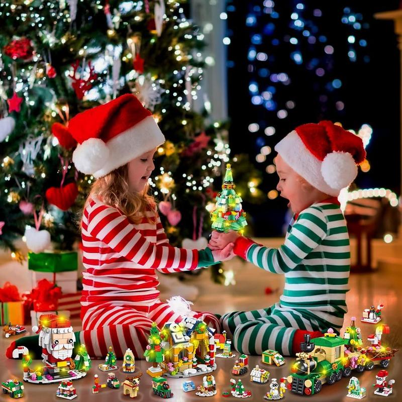 Advent Calendar 2024 Christmas Building Blocks, 24 Days Holiday Building Bricks Set with LED Lights Santa Tree Train House Xmas Party Favors Countdown Calendar