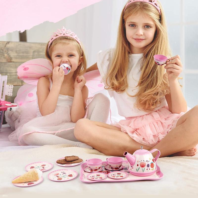 D-FantiX Kids Tea Set for Little Girls, 15Pcs Pink Tin Tea Party Set for Toddlers Afternoon Tea Time Playset with Teapots Tea Cups Play Dishes Princess Toys Gifts with Carry Case