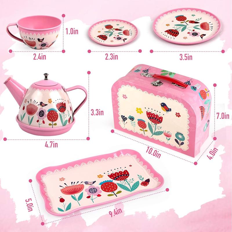 D-FantiX Kids Tea Set for Little Girls, 15Pcs Pink Tin Tea Party Set for Toddlers Afternoon Tea Time Playset with Teapots Tea Cups Play Dishes Princess Toys Gifts with Carry Case
