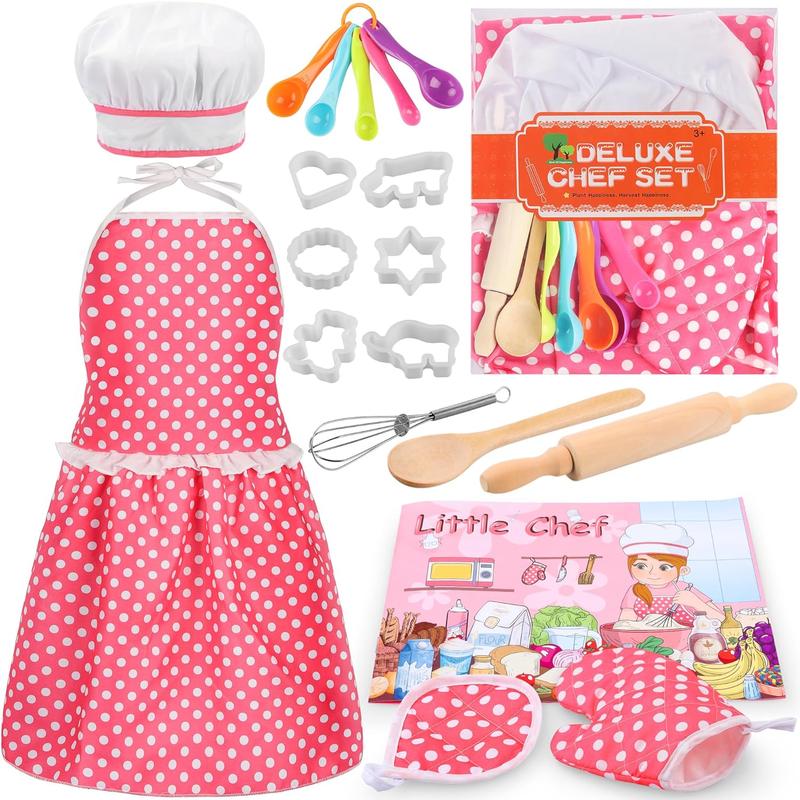 Christmas gift Kids Cooking Baking Set 19Pcs, Kids Chef Role Play Costume Set - Chef Hat and Matching Pink Apron Children Dress up Pretend Gift for 3 4 5 6 7 8 Year Old Girls Toys