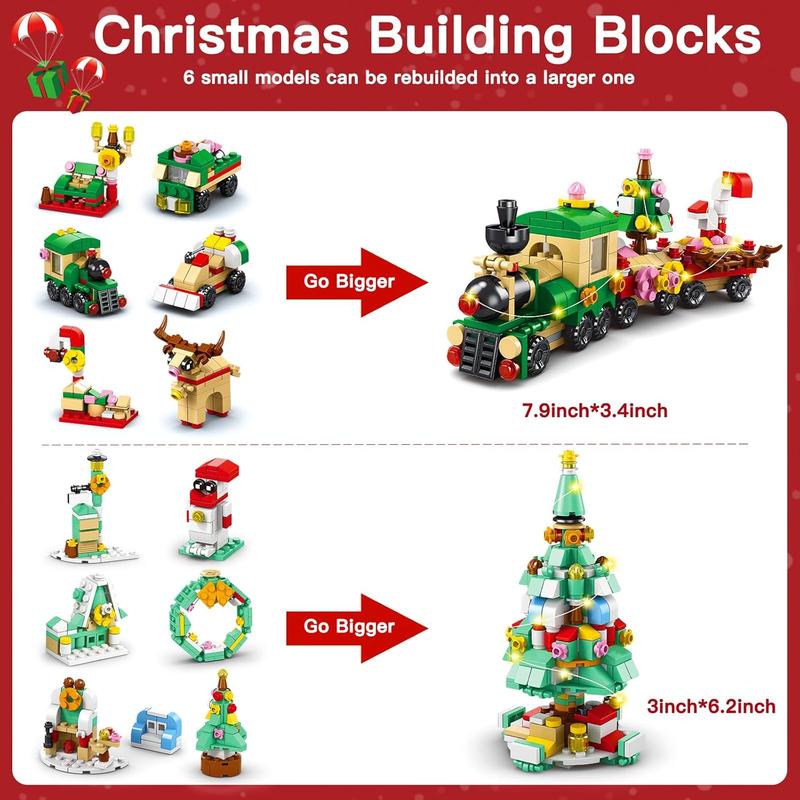 Advent Calendar 2024 Christmas Building Blocks, 24 Days Holiday Building Bricks Set with LED Lights Santa Tree Train House Xmas Party Favors Countdown Calendar